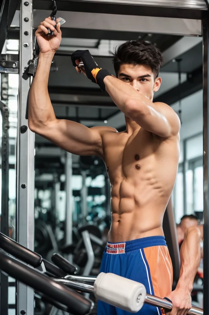 (Man in his 20s, tall), (Gymのトレーナー, Gym), (Healthy Body, Strong body)