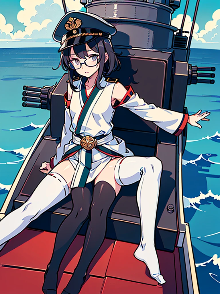((((Full body of a woman with perfect flat chest、Short unkempt black hair、white military jacket、Miko costume、tights、Black glasses、White military cap、Cloudy eyes、Sleepy expression)))), (((masterpiece))), (((Shipgirl))), (Another woman hugging、Long purple hair、Messy Hair、Big Breastiko costume), ((Floating on the morning sea with both feet)), (Spread your legs wide open), (Hold the rigging with your right hand), (Mechanical arms extending from the waist are used to equip the ship with battleship equipment.), (Equipped with a turret on the back), (Holds the turret with his left arm), Torpedo tubes on thighs, Spreading the Machine's Wings, Machine tail, shotgun,