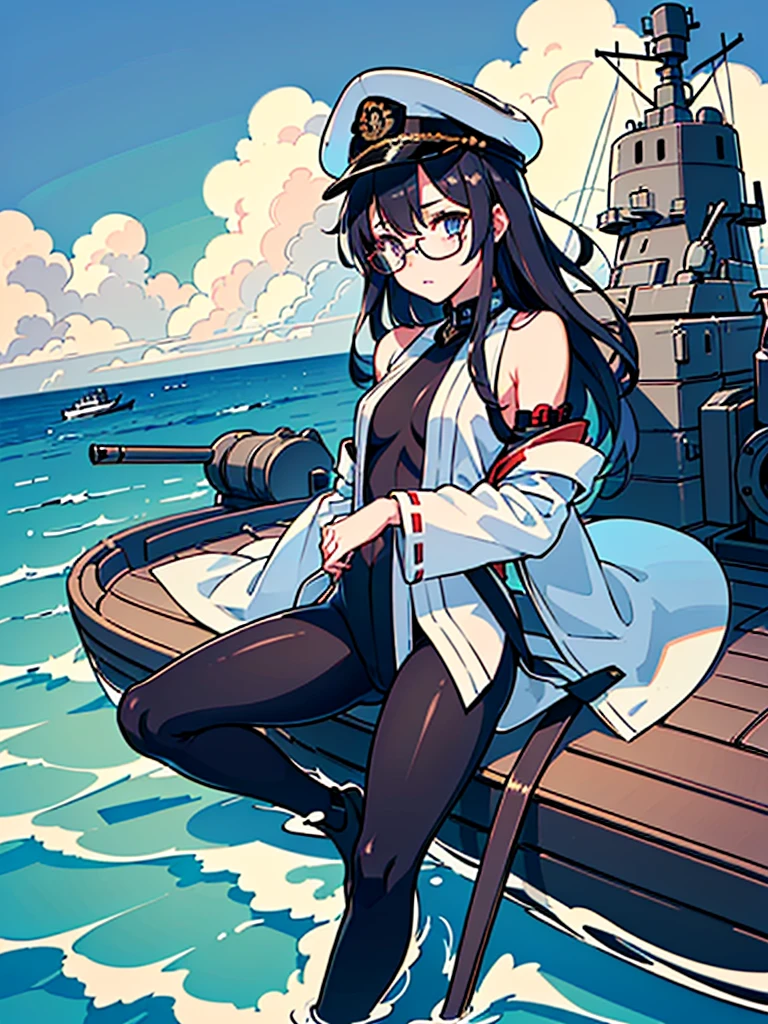 ((((Full body of a woman with perfect flat chest、Short unkempt black hair、white military jacket、Miko costume、tights、Black glasses、White military cap、Cloudy eyes、Sleepy expression)))), (((masterpiece))), (((Shipgirl))), (Another woman hugging、Long purple hair、Messy Hair、Big Breastiko costume), ((Floating on the morning sea with both feet)), (Spread your legs wide open), (Hold the rigging with your right hand), (Mechanical arms extending from the waist are used to equip the ship with battleship equipment.), (Equipped with a turret on the back), (Holds the turret with his left arm), Torpedo tubes on thighs, Spreading the Machine's Wings, Machine tail, shotgun,