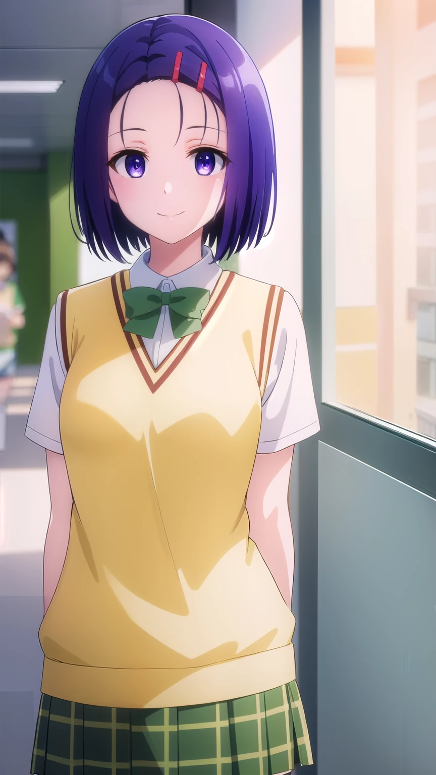 harunasairenji, haruna sairenji, hair ornament, hairclip, (purple eyes:1.1), purple hair, short hair, swept bangs, (forehead:1.2),
BREAK green skirt, plaid, plaid skirt, sainan high , , skirt, sweater vest, (yellow sweater:1.3), short sleeves,
BREAK indoors, classroom,
BREAK looking at viewer, (cowboy shot:1.5),(smile:1.4)
BREAK (masterpiece:1.2), best quality, high resolution, unity 8k wallpaper, (illustration:0.8), (beautiful detailed eyes:1.6), extremely detailed face, perfect lighting, extremely detailed CG, (perfect hands, perfect anatomy),
