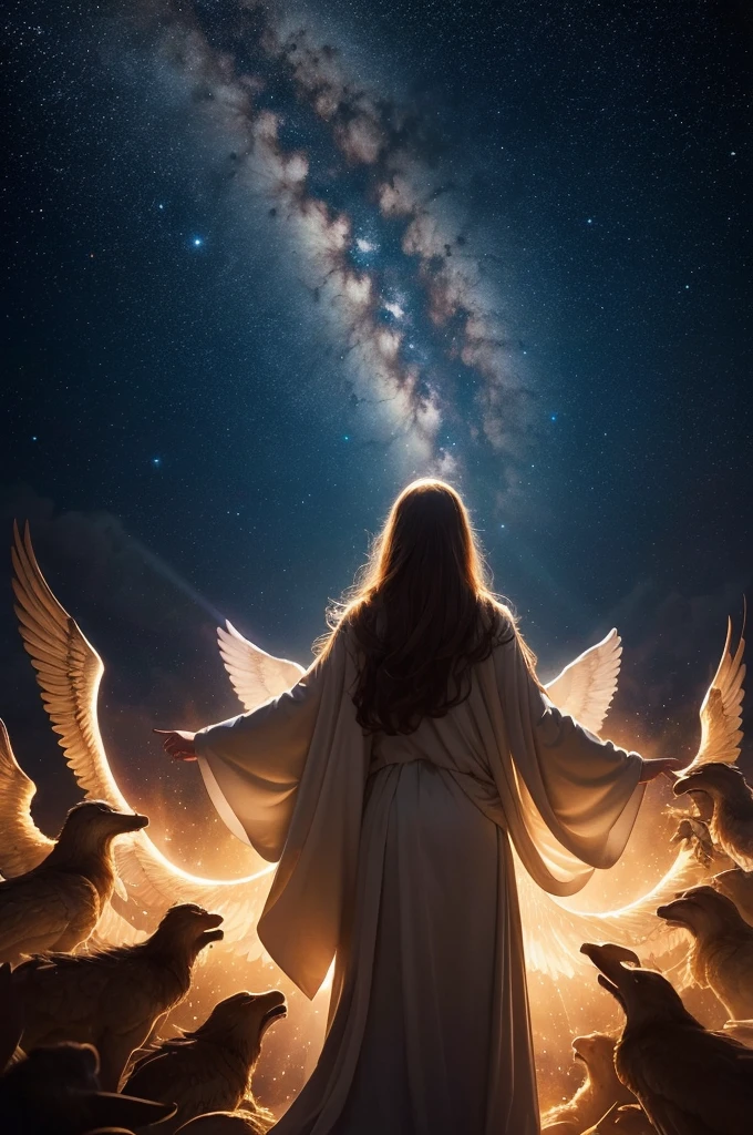 Create a majestic, celestial scene where the night sky opens up in an explosion of golden light. In the center of the composition, Jesus Christ is portrayed descending in glory, surrounded by archangels with imposing wings and resplendent robes. The archangels are in various positions around Christ, each with an expression of reverence and power. Rays of divine light emanate from Christ, illuminating soft clouds and creating a dramatic contrast with the starry sky in the background. The scene conveys a sense of peace and celestial grandeur.