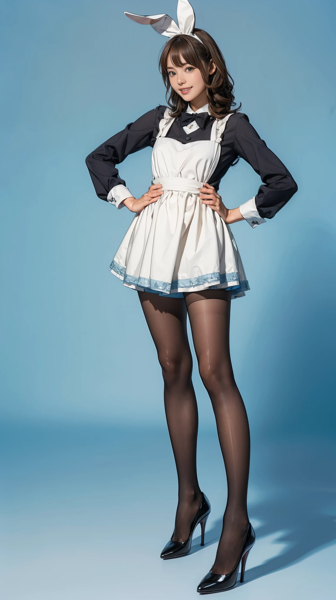 Bunny girl in a light blue maid outfit:1.5,Wearing light blue tights:1.5,The best smile:1.5,Full Body Shot:1.5,Gray background:1.5,Wearing black high heels:1.5,short side waves:1.5,