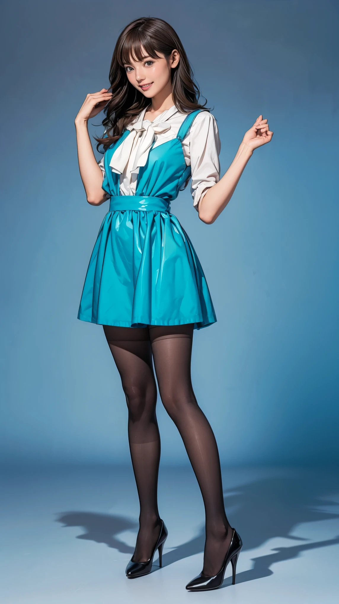 Bunny girl in a light blue maid outfit:1.5，Wearing light blue tights:1.5，The best smile:1.5，Full Body Shot:1.5，Gray background:1.5，Wearing black high heels:1.5，short side waves:1.5，