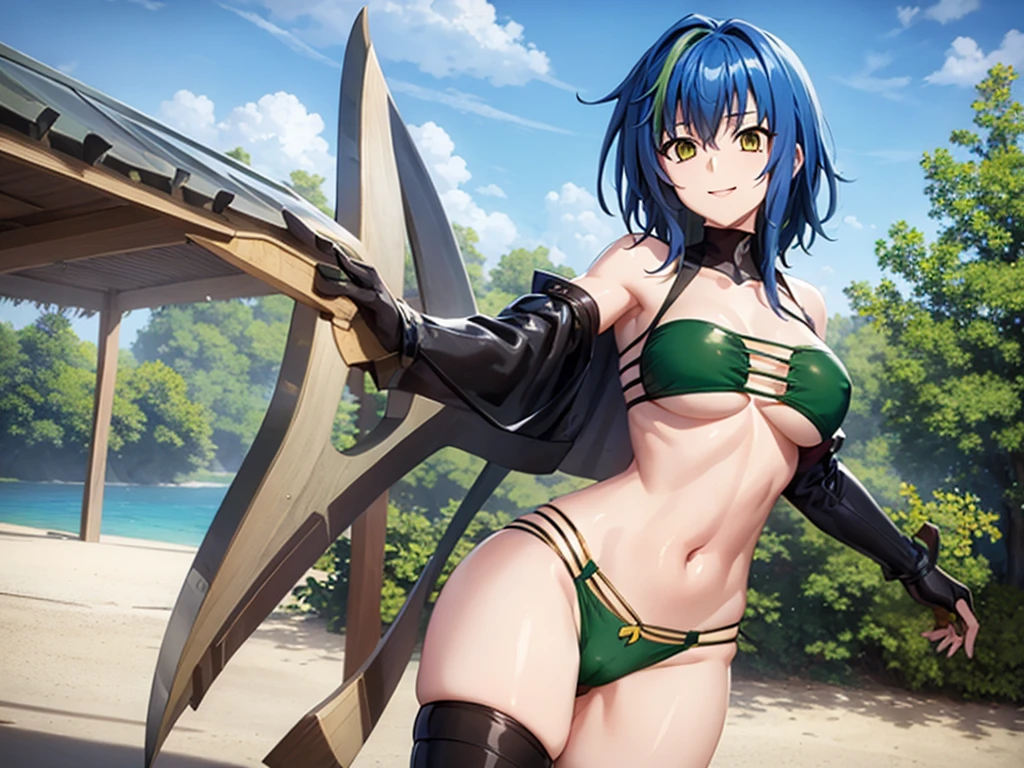 masterpiece, highest quality, Best aesthetics, anime, Super detailed,
Xenovia quarta, One girl, (green,Green Hair, Yellow Eyes:1.1025), (Wide Hips:1.1025), (Big Breasts:1.1025), (abdomen:1.1025), (belly button:1.1025), Xenovia_bikini, (green bikini, multi-strapped bikini :1.2), Long legs, Cowboy Shot, View Viewer, (smile, Mouth closed:1.2), Front view, Arms at your sides, Outdoor, Beach, sunlight,