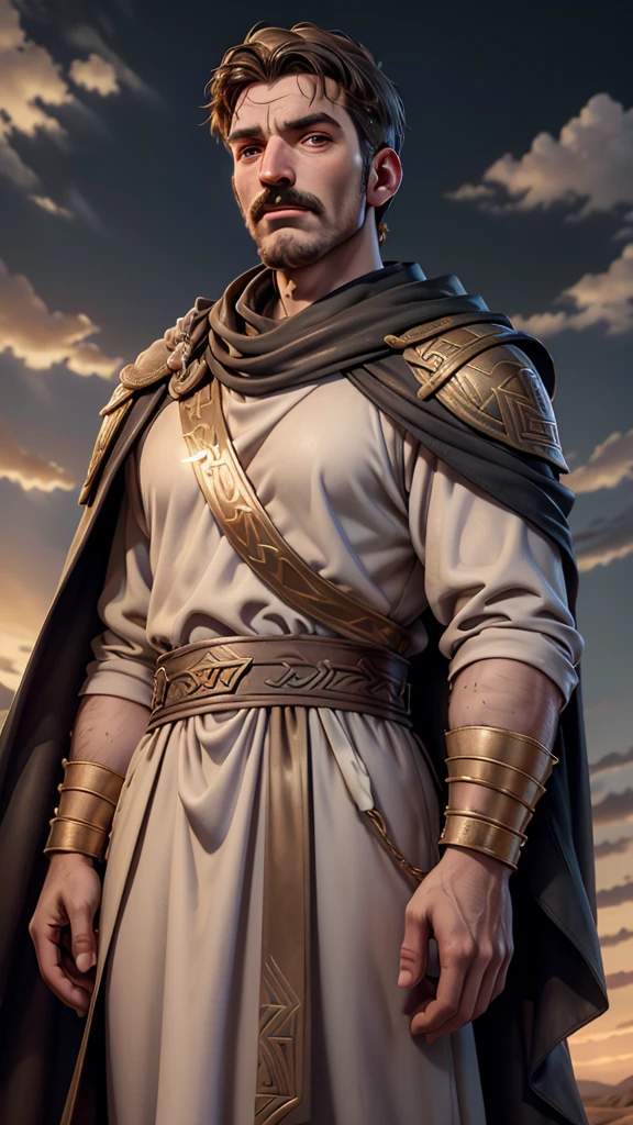 Saul of Tarsus, persecutor of Christians, experiencing divine vision, ancient Greece, traditional robes, road to Damascus, Saul looking up at a bright light from the sky, barren road and landscape in the background, medium shot, hyper-realistic, photo realism, cinematography