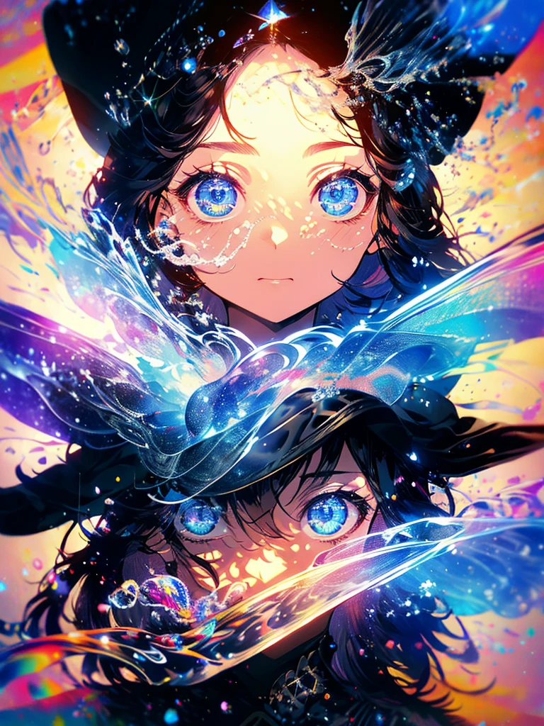 20-year-old girl、wearing a black elegant hat、Rune background、black magician、Wearing a black robe、mesmerize、cute woman、Elegant hairstyle、indigo hair color、Slightly shorter hair、blue eyes、look at the viewer、masterpiece、Best image、