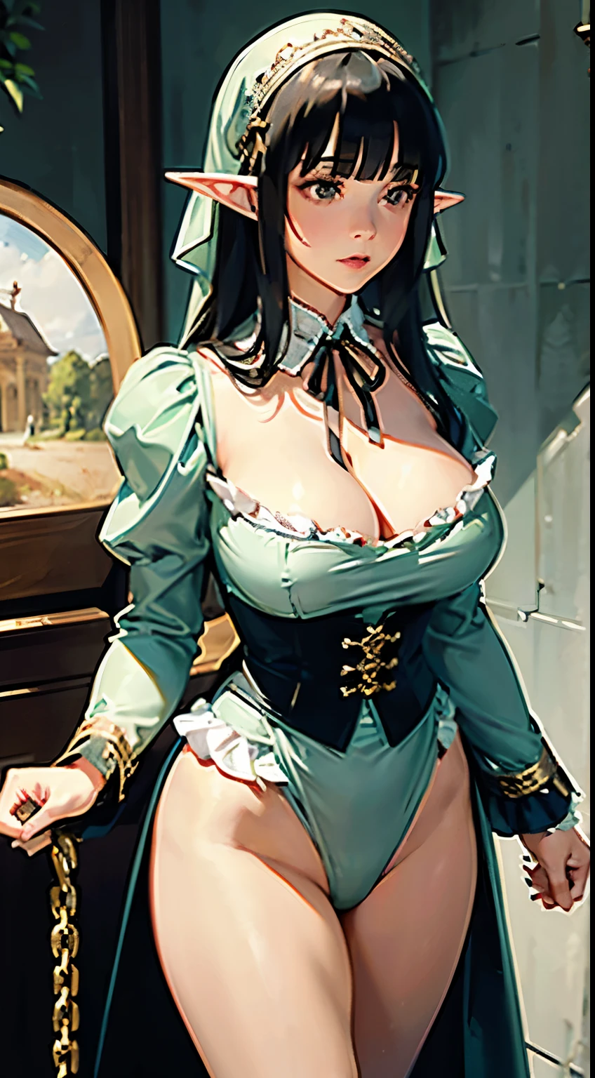 (1 female elf, masterpiece, best quality, ultra-detailed, beautiful detailed, (((extremely detailed face))), (((blunt bangs))), (((big ruffles and ribbon))), sad look, ( ((short tunic to the thighs))), shoulder-length black hair, brown eyes, thin lips, round face, large breasts with cleavage, wide waist, 1.67m and 46kg, standing chained in the dungeon ((chains on hands and neck)) dramatic scene