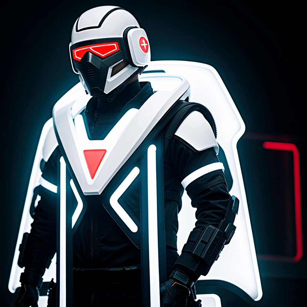 Soldier of the superfuture in white, with a mask, with neon lines, cyberpunk style, cool mask