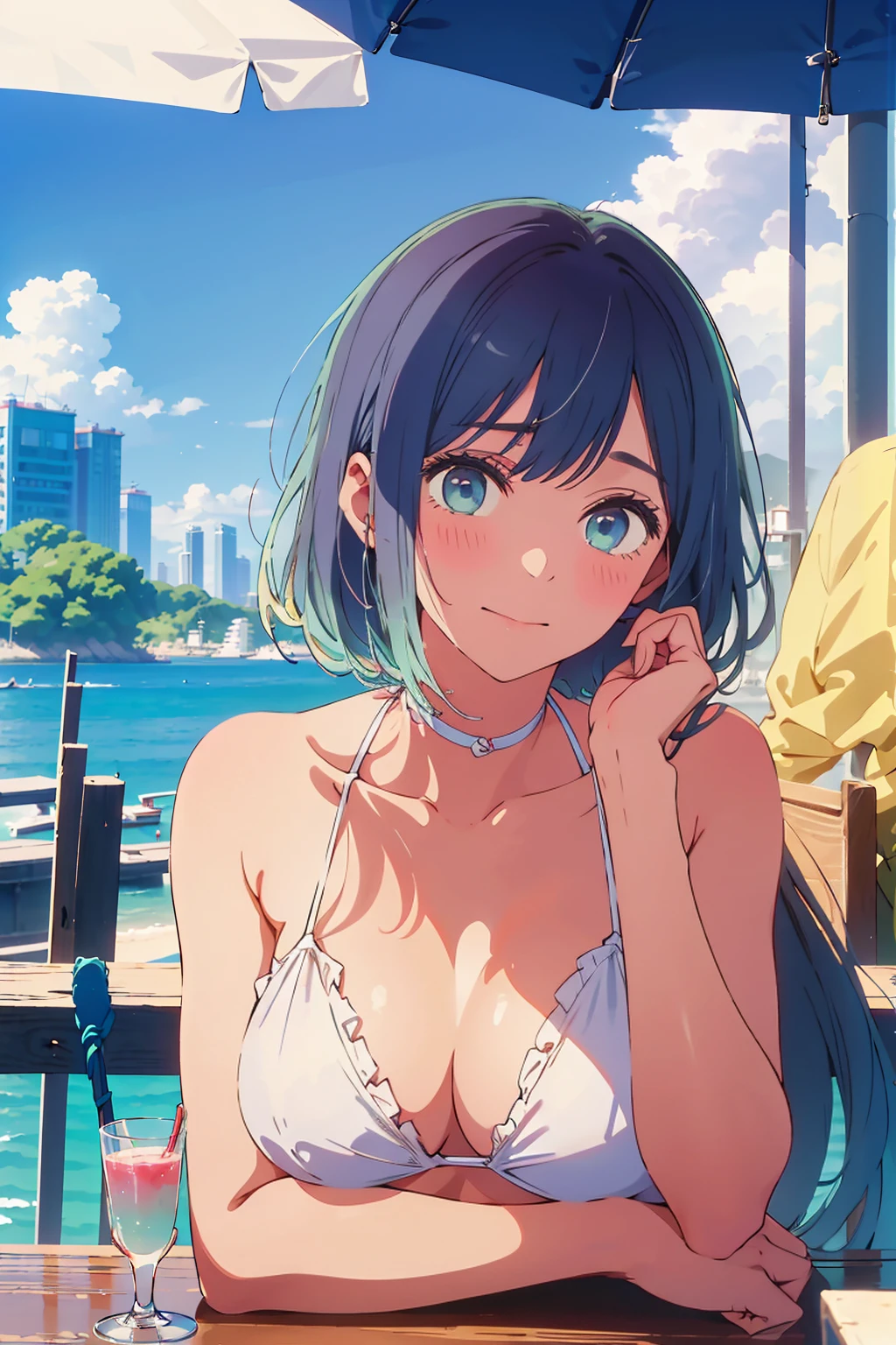 highest quality,8k,detailed,F cup bust、Big Breasts、Very cute face、Beautiful thighs、Best Beautiful Legs、Slim and beautiful arms、Slim body、Very white beautiful skin、((((1 person、looking at the camera、smile、Thin white bikini、smile、In the background are the urban buildings of Tokyo、Outdoor café terrace、juice、Cheek resting on hand、coastal))))、I can see the deep blue sky、She tilted her head slightly、Blushing、The atmosphere is bright and lively、The woman is at the center of the image。