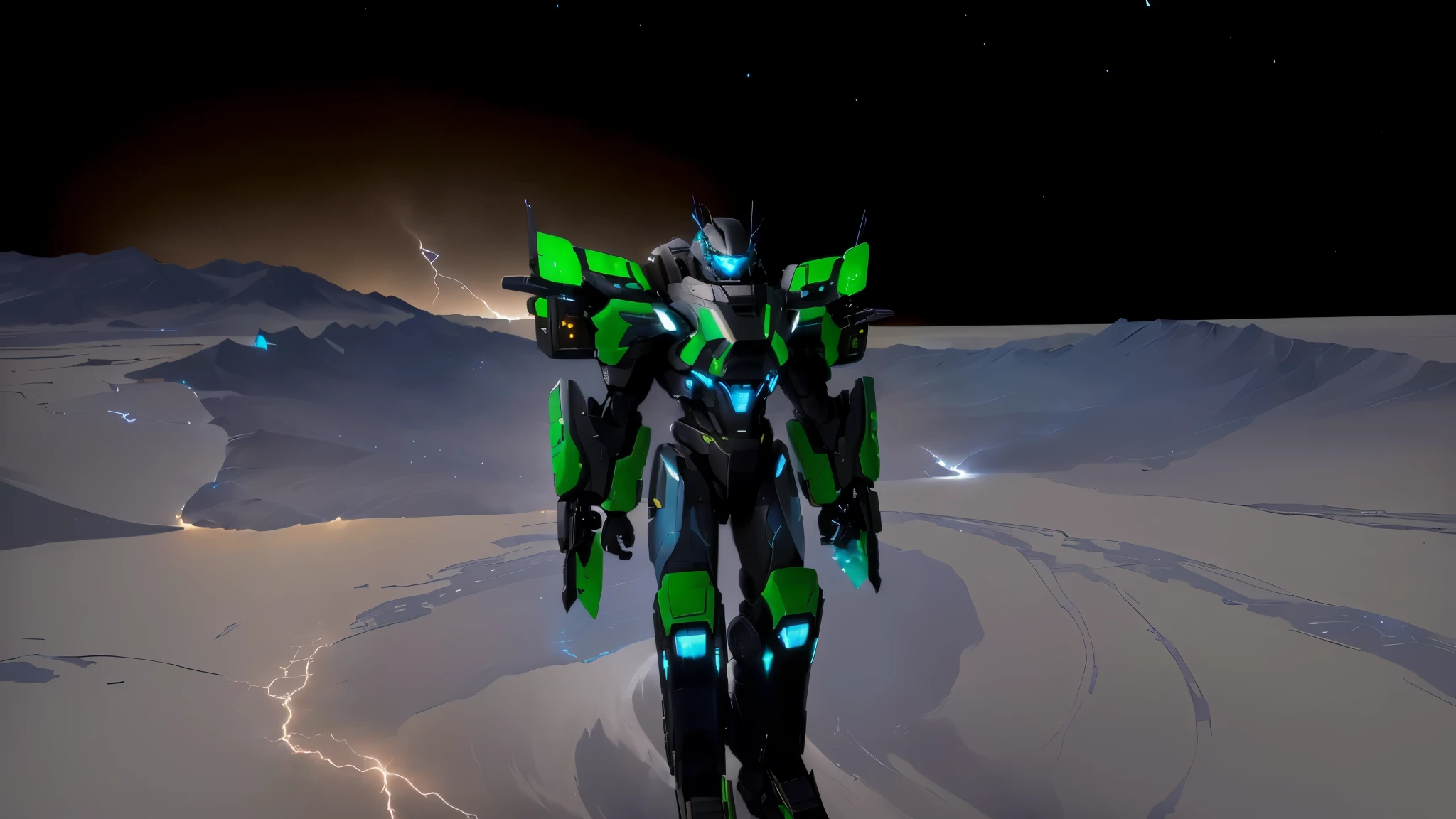 a black colored male transformer with green inserts, symmetrically arranged green parts, on the frontof the body not transparent cabin, on the back - aircraft's wings, arms from elbows to hands look like the front part of a aircraft, wheels are visible on the shoulders, on the legs from knees to the ankle there are aircraft's repulsors and small aircraft's tail wings, no helmet, light blue eyes, two legs, two arms, not a suit, on a background there is an empty dark blue metal desert, no buildings, no structures, dark blue storm clouds, light blue lightning from the clouds, blue river, river to the horizon, electrified river, light blue lightning from the river, space sky, stars in the sky, composition on the metal planet, big metalic planet, dark-blue metal, shiny metal, cybertron, mechanical planet, empty wasteland, dark blue storm clouds, light blue lightning from clouds, blue river, river to horizon, electrized river, light blue lightning from river, space sky, stars on the sky, realistic, watercolor, 4k, high quality, hight attention to details, concept art, concept art by Chris Mowry.