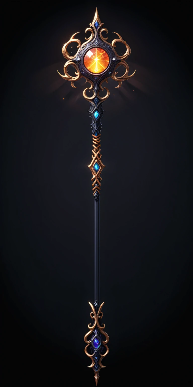 pixel art, cartoon illustration, Divine glavie greatstaff, Powerfull Magical theme, simple black background, RPG game icon 
