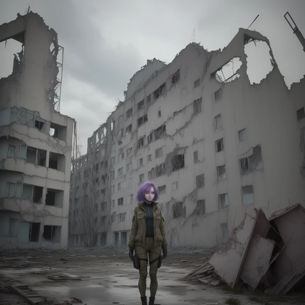 A girl in a combination suit stands in the desolate Chernobyl exclusion zone, reminiscent of a S.T.A.L.K.E.R. Her purple hair contrasts with the grey backdrop, and her green eyes carry a weight of sadness. A scar is visible above her left eyebrow, and she stands unarmed, with five fingers on each hand, a silent testament to the resilience of life amidst ruins.