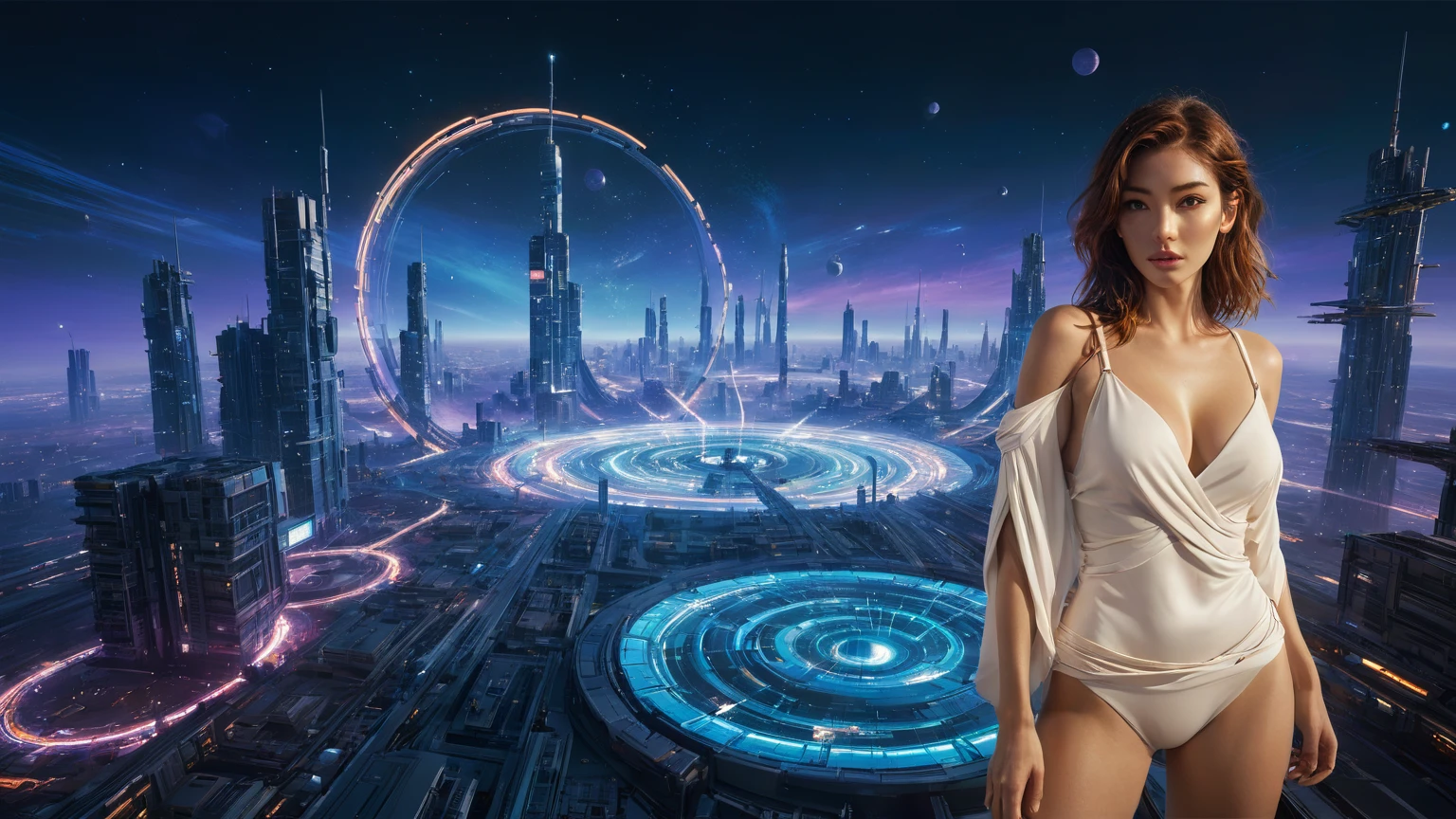brightly colored abstract image of a space station with a spiral, epic beautiful space scifi, chaotic cinematic space rift, greg beeple, planets colliding, beeple and tim hildebrandt, beeple and jean giraud, end of the universe, galaxy space sci-fi, ringworld, by Mike "Beeple" Winkelmann. Matrix style, (((((Matrix cascading code))))), (((((a futuristic twin tower skyscraper with a unique twisted design))))), (((((OLED GUI interfaces in the building))))), at night, (((((1girl, solo))))), photo realistic, (((large-:1.2 slim body, ))), (((off broken mini sling-shirt and black sling , extreamly short pleated  exposing ))), (((((running pose))))), (((((matrix style black sunglasses))))), ((((((((((aiming with a short gun)))))))))), (((((looking at camera))))), (((very low view))), (((((half-body thigh level medium shot))))), (((cinematic lighting))).