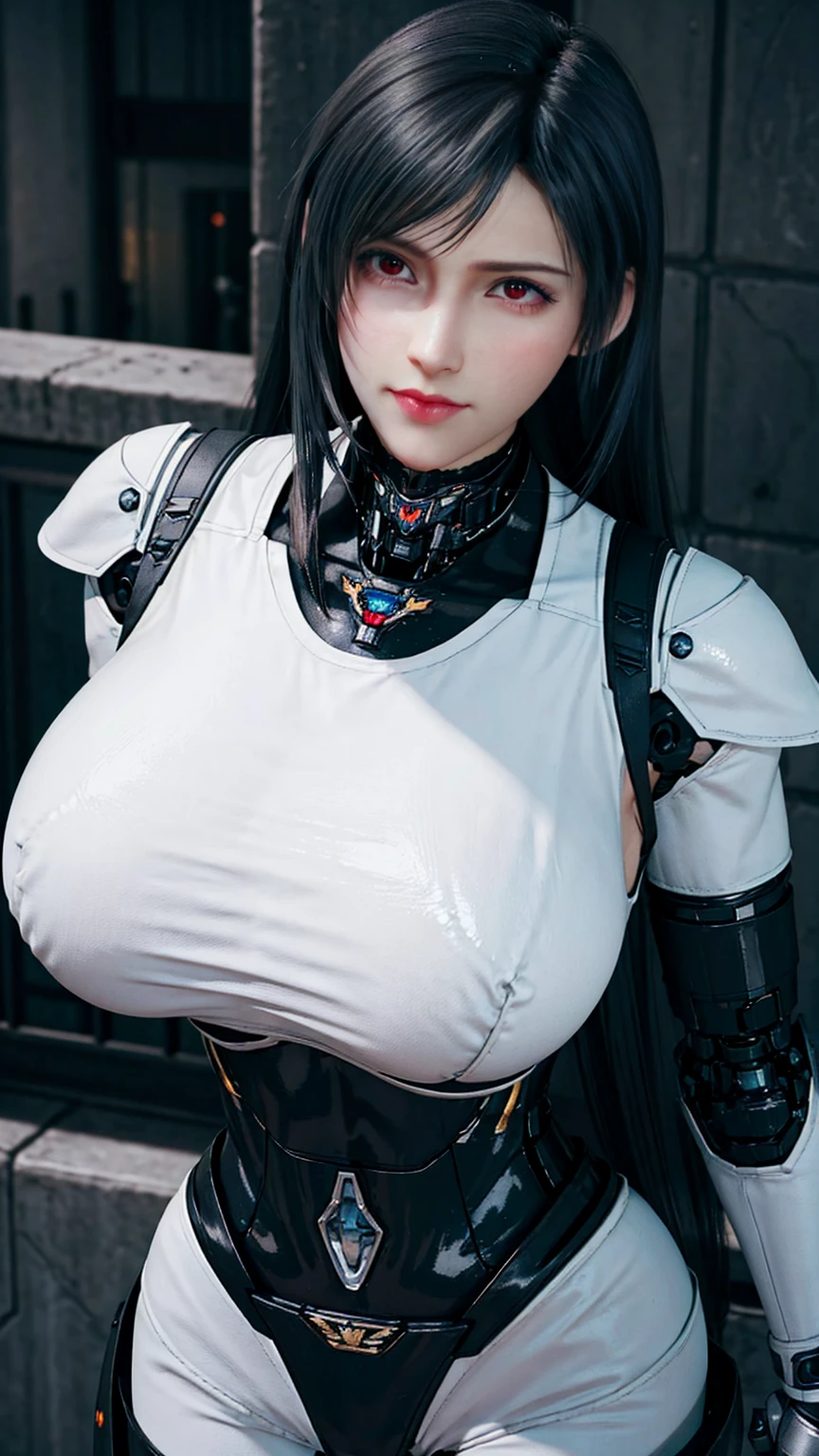 Solo, stand up straight, black hair, physically-based rendering, Unreal Engine 5 Render, (muscular body shape),(very huge fake breast:1.5), 11 line abs, big Hips, ((beautiful cyborg woman,Black Mecha cyborg girl,battle mode,white Mecha body girl,guard arms,gloves:1.5)), (close up upper body), (wet sweaty skin,oily bodyskin,clean skin), beauty model, 4K Resolution.