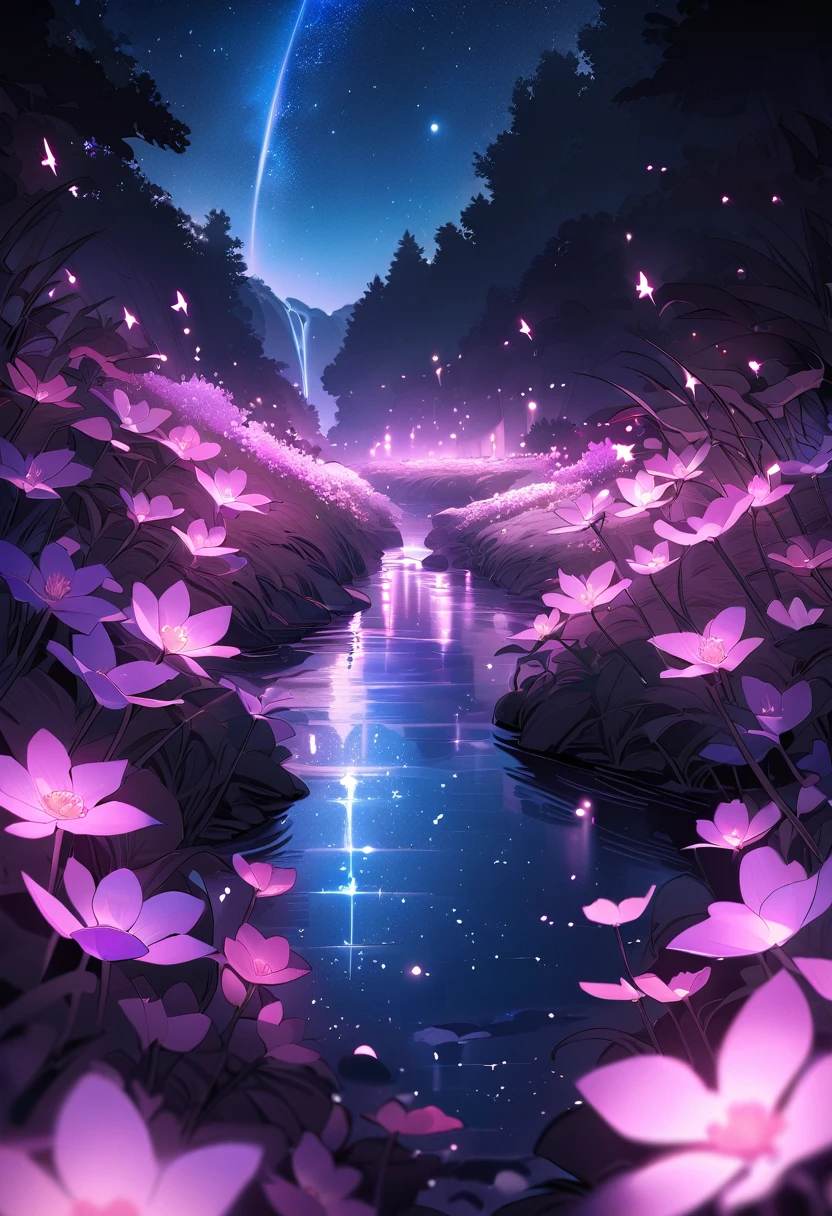 (masterpiece,best quality,absurdres,4k:1.2),landscape, moonlight, night time, stars, fireflies, flowers. night time, magical, fantasy, mythical, 4k, 8k, extremely clear, masterpiece, field of depth, hdr, detailed, hyper quality, vibrant, sharp focus, good composition, vivid, bright colors, high contrast,small creek reflecting starry sky