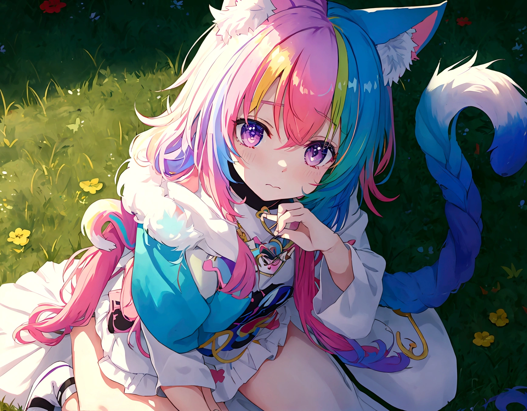 Rainbow hair,Heart-shaped pupil ,Avoiding eyes，cute，Shy expression，Cat ear,Kneeling,Body tilt，Fluffy little tail，Grass background，masterpiece，detail，Ultra HD