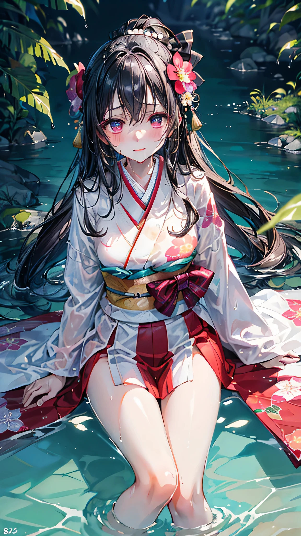 (Best quality, 8k, 32k, Masterpiece, UHD,:1.2),RAW, human, 1girl,ultra cute , ultra cute, natural lighting, transparent shining eyes, 20yo, medium breast ,femur, fair complexion , flushed face, kimono, (Floral pattern kimono:1.3), kimono in fabric like cotton , submerged in water, wet kimono, wet body, wet long black hair, wet skin, moving and beautiful, beautiful and elaborate water,(despair atmosphere:1.2)