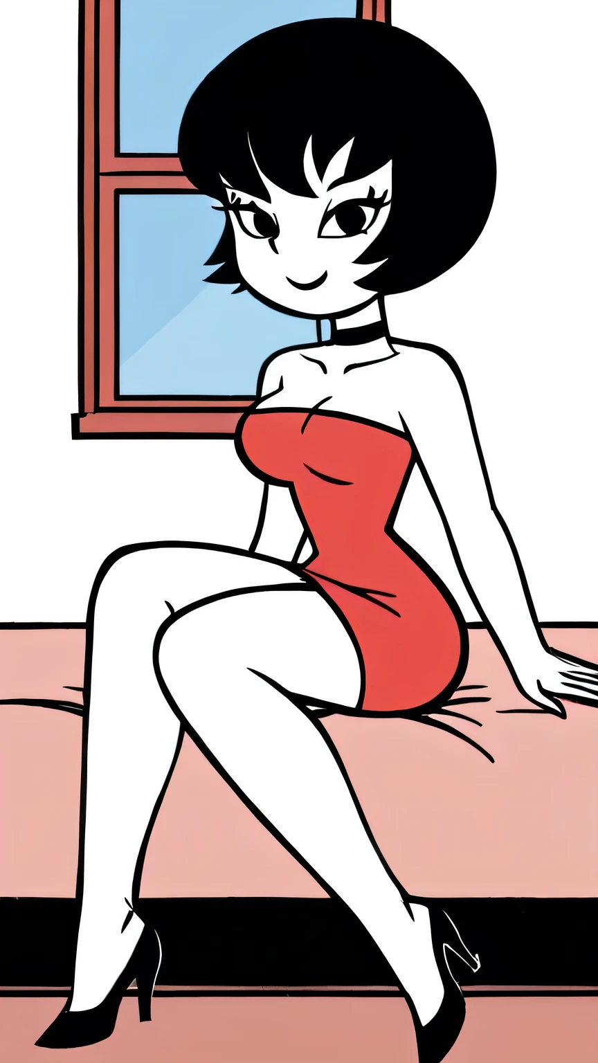 Jucika, digital media, black eyes, black hair, short hair, flat color, flat graphic style, white skin, zPDXL, best quality, amazing quality, score 9, 1girl, collarbone, strapless red tube dress, black chocker, standing in her bedroom with a little blue window, seductive smile, looking at viewers, sitting on her bed, black high heels