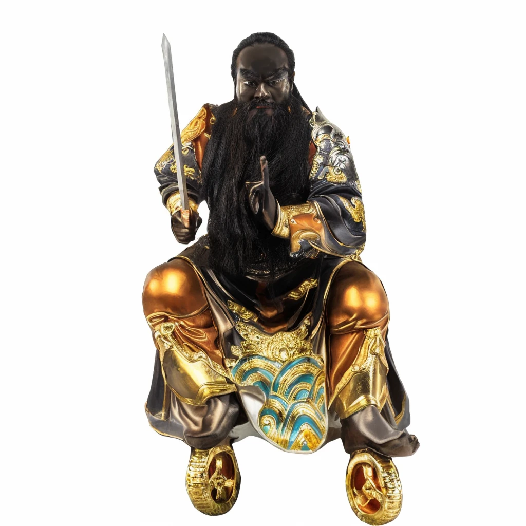 a black skin chinese man with a long beard and a sword, chinese warrior, sitting on golden throne, a luxurious robe, black bared foot, 2 golden wheels below the feet,  nearly bald, less metallic, photorealistic, barefoot， Forehead， no headdress on forehead, thick eyebrow