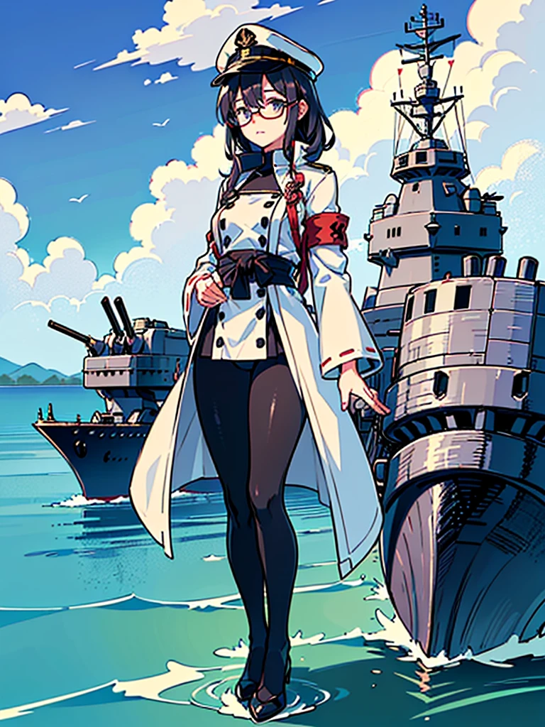 ((((Full body of a woman with perfect flat chest、Short unkempt black hair、white military jacket、Miko costume、tights、Black glasses、White military cap、Cloudy eyes、Sleepy expression)))), (((masterpiece))), (((Shipgirl))), (Another woman hugging、Long purple hair、Messy Hair、Big Breastiko costume), ((Floating on the morning sea with both feet)), (Spread your legs wide open), (Hold the rigging with your right hand), (Mechanical arms extending from the waist are used to equip the ship with battleship equipment.), (Equipped with a turret on the back), (Holds the turret with his left arm), Torpedo tubes on thighs, Spreading the Machine's Wings, Machine tail, shotgun,