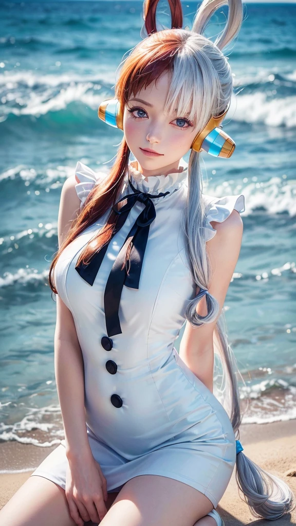 ((top-quality, 8K, masterpiece:1.3)), A detailed eye, (looking at from the front), Look at the camera, ((Everything is sparkling、reflecting light:1.2)), (Best Ratio: 4 fingers, 1 thumb), (portrait), (((Uta from One Piece))), 1 girl, cute face, head tilt, half body shot, sitting, blushing, seiza, naughty face, (((arms behind back))), confused, outdoor, beach, expressive eyes, perfect face, dress, uta, long hair, white dress, headphones, ribbon, medium breasts, neck ribbon, split-color hair, hair over one eye, twintails, hair rings, black ribbon,