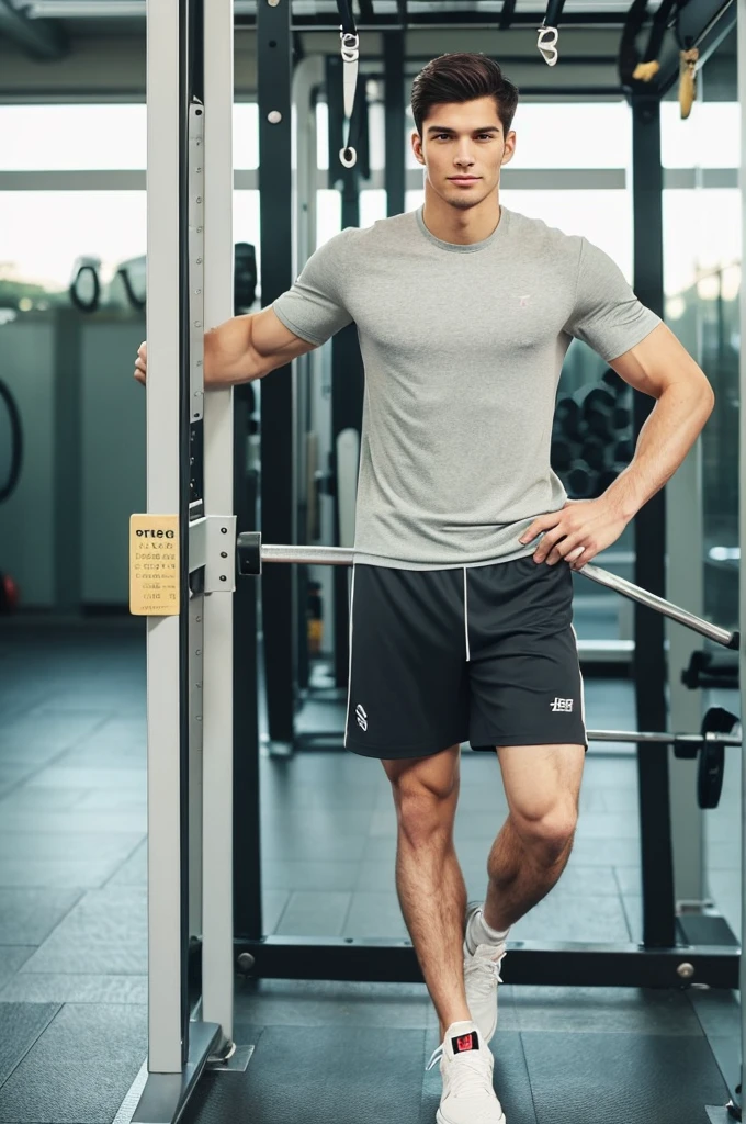 (Man in his 20s, Refreshingly handsome, Neutral look, tall), (Sportswear, Gymのトレーナー, Gym), (Healthy Body, Strong body)