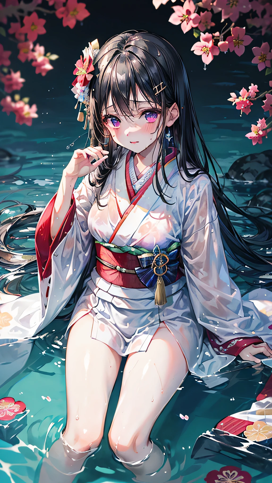 (Best quality, 8k, 32k, Masterpiece, UHD,:1.2),RAW, human, 1girl,ultra cute , ultra cute, natural lighting, transparent shining eyes, 20yo, medium breast ,femur, fair complexion , flushed face, kimono, (Floral pattern kimono:1.3), kimono in fabric like cotton , submerged in water, wet kimono, wet body, wet long black hair, wet skin, moving and beautiful, beautiful and elaborate water,(despair atmosphere:1.2)