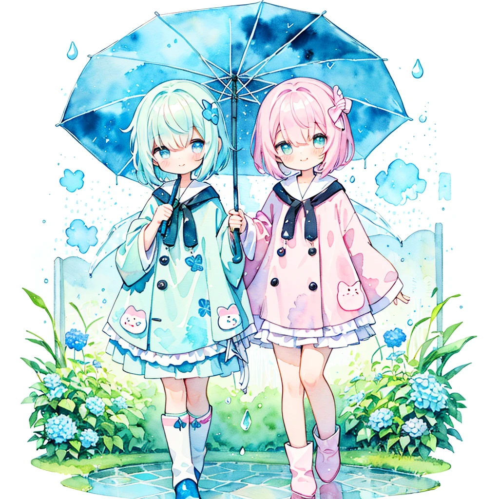 (pastel colour:1.5)、(cute illustration:1.5)、(Watercolor:1.2)、(One Girl:1.0)、White Background、girl、whole bodyエスビアン、Use an umbrella、Holding an umbrella, Rain Girl, rain, poncho、Blue and light blue motif、rainをモチーフに, blue eyes, cute, short hair, smile, poncho with rain pattern、Upper Body, Detailed Images、smile、とてもcute、Adorable、hydrangea、梅rain、rain、whole body、Wearing cute boots、Clear Material、poncho、Puddle under your feet、grass、Are standing、turn around、Cute pose、High quality、Depth of written boundary、Jewel Eyes、