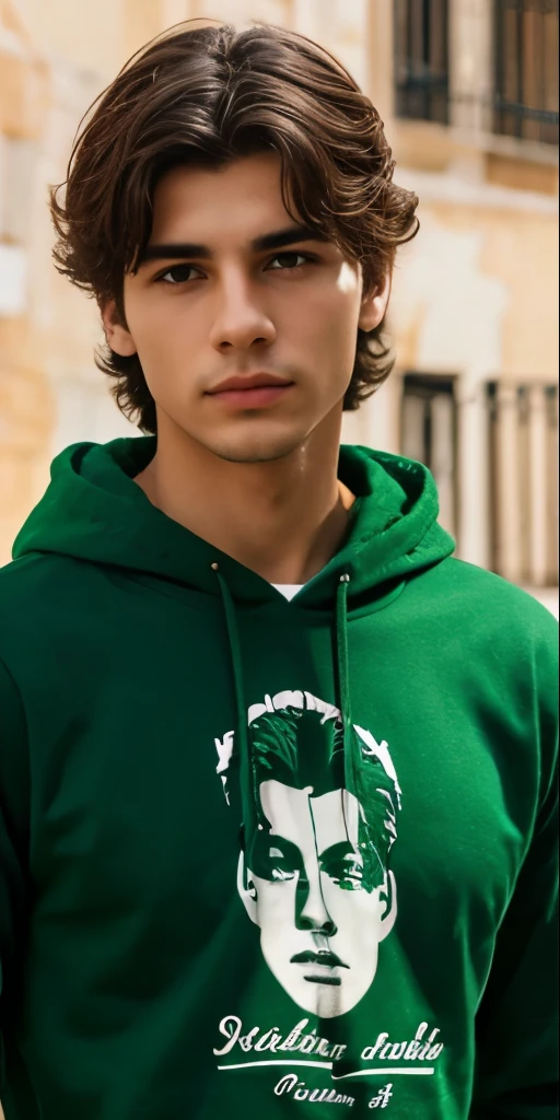 chico europeo ,joven de pelo rizo ,con sudadera y contento,atractivo,ojos verdes