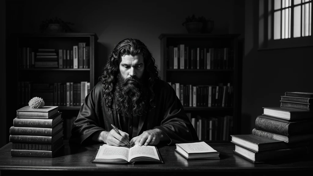 A dramatic black and white portrait of a pensive, bearded man with curly hair, dressed in robes and sitting at a desk with books, in the style of classical sculpture. The image has a moody, contemplative atmosphere.