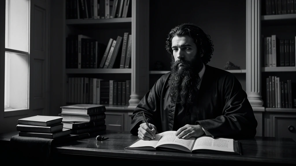 A dramatic black and white portrait of a pensive, bearded man with curly hair, dressed in robes and sitting at a desk with books, in the style of classical sculpture. The image has a moody, contemplative atmosphere.



