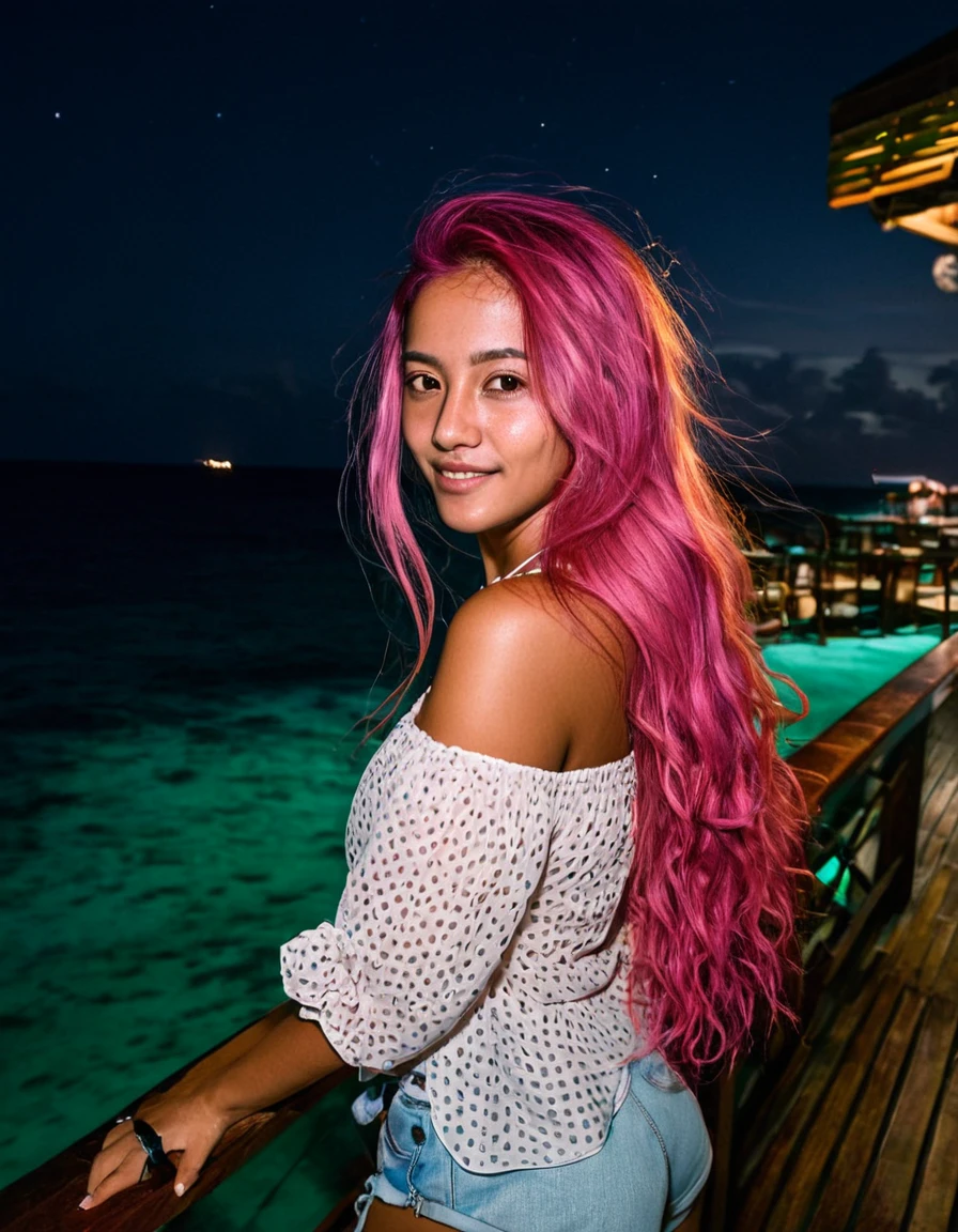 photorealistic, Best quality, hyper-detailed, beautiful latina woman, long pink hair,windy hair, portrait portrait photo, upper body, at maldives sea cafe, cafe , night time shot, wearing a vacation blouse and shorts of same color, Snapchat photo style, Instagram analog style, looking away, backside shot, skin texture, film grain, ultra high resolution, shadow best, RAW, Instagram ,long pink hair, windy hair, soft smile, Maldives Sea Cafewide angle shot,night time, full body photo