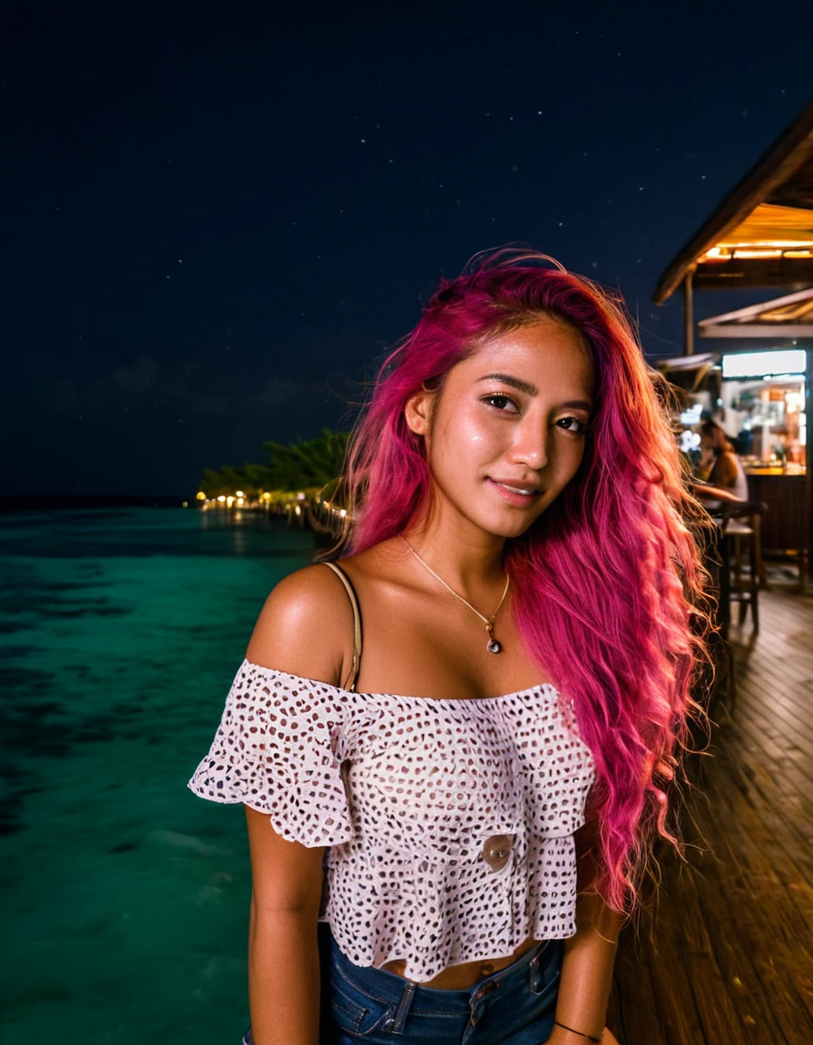 photorealistic, Best quality, hyper-detailed, beautiful latina woman, long pink hair,windy hair, portrait portrait photo, upper body, at maldives sea cafe, cafe , night time shot, wearing a vacation blouse and shorts of same color, Snapchat photo style, Instagram analog style, looking away, backside shot, skin texture, film grain, ultra high resolution, shadow best, RAW, Instagram ,long pink hair, windy hair, soft smile, Maldives Sea Cafewide angle shot,night time, full body photo