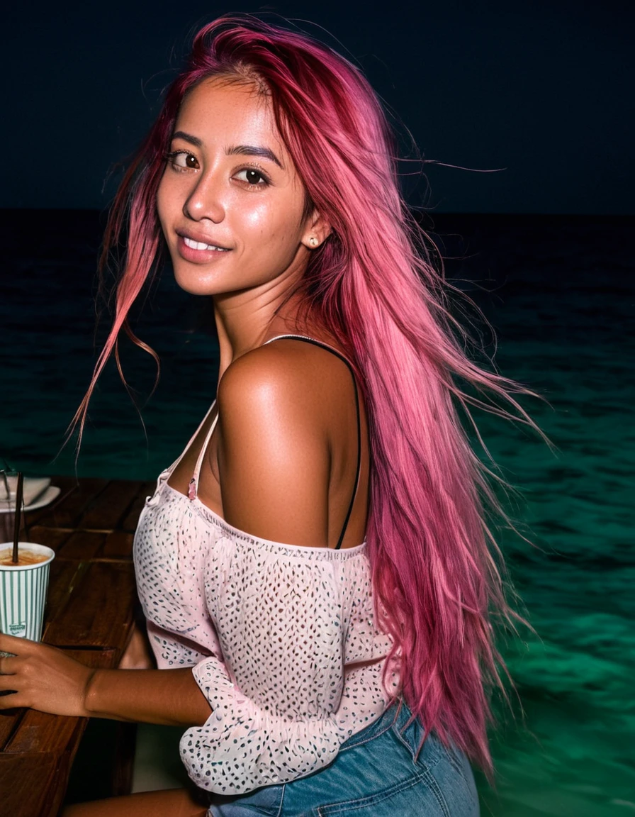 photorealistic, Best quality, hyper-detailed, beautiful latina woman, long pink hair,windy hair, portrait portrait photo, upper body, at maldives sea cafe, cafe , night time shot, wearing a vacation blouse and shorts of same color, Snapchat photo style, Instagram analog style, looking away, backside shot, skin texture, film grain, ultra high resolution, shadow best, RAW, Instagram ,long pink hair, windy hair, soft smile, Maldives Sea Cafewide angle shot,night time, full body photo