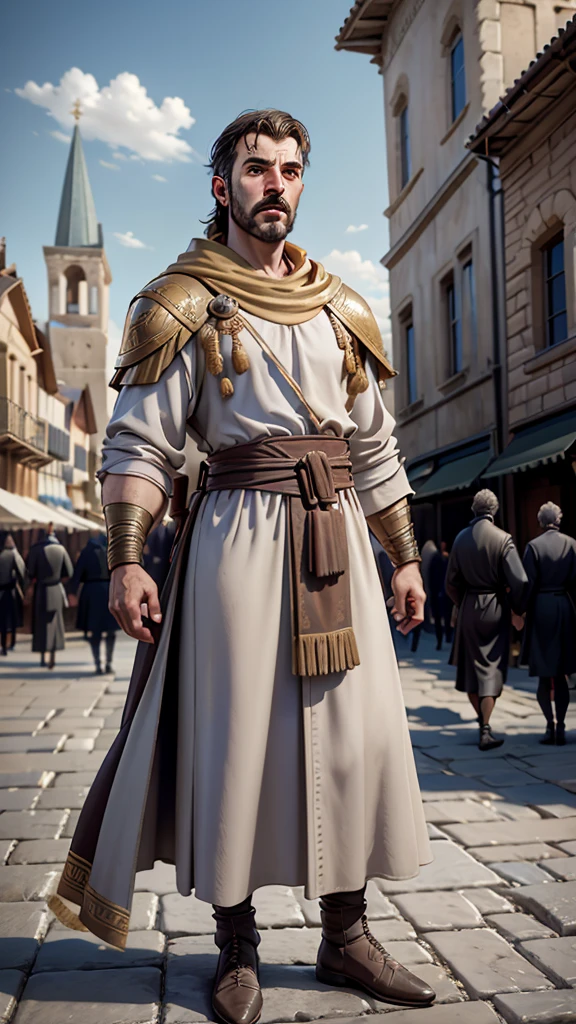 Saul of Tarsus, transformation from persecutor to preacher, epic tale of redemption and fervor, ancient Greece, traditional robes, Saul preaching to a crowd, historic town square in the background, wide shot, hyper-realistic, photo realism, cinematography