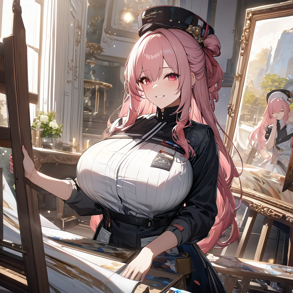 A woman wearing a professional painter's outfit, inside a painting workshop with several paintings, with painting items, painter's hat, pink hair, long hair, red eyes, smiling, big breasts, a very detailed and elegant place,UHD , work- prime, precise, anatomically correct, textured skin, super details, high quality, best quality, 8k, high resolution, bokeh effect. (woman alone)

