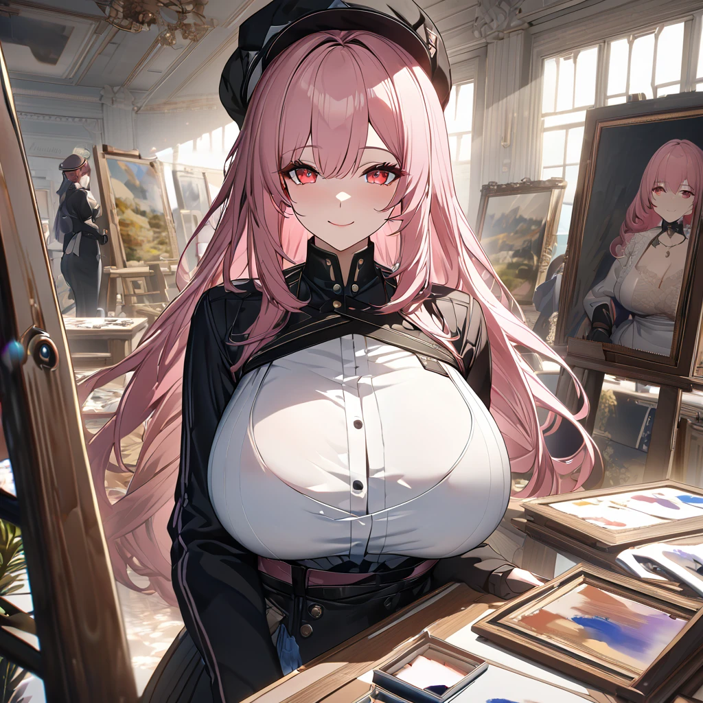 A woman wearing a professional painter's outfit, inside a painting workshop with several paintings, with painting items, painter's hat, pink hair, long hair, red eyes, smiling, big breasts, a very detailed and elegant place,UHD , work- prime, precise, anatomically correct, textured skin, super details, high quality, best quality, 8k, high resolution, bokeh effect. (woman alone)