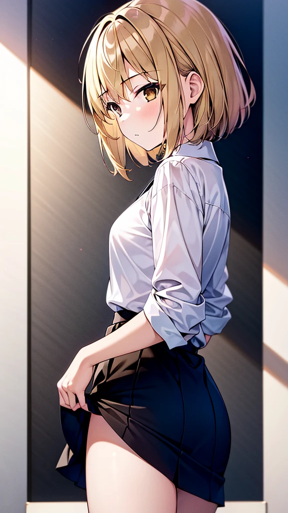 Masterpiece, 1girl, solo, female, blonde hair, white shirt, black skirt, black vests, short hair, brown eyes, perfect body, cowboy shot's, standing, perfect arms, perfect leg