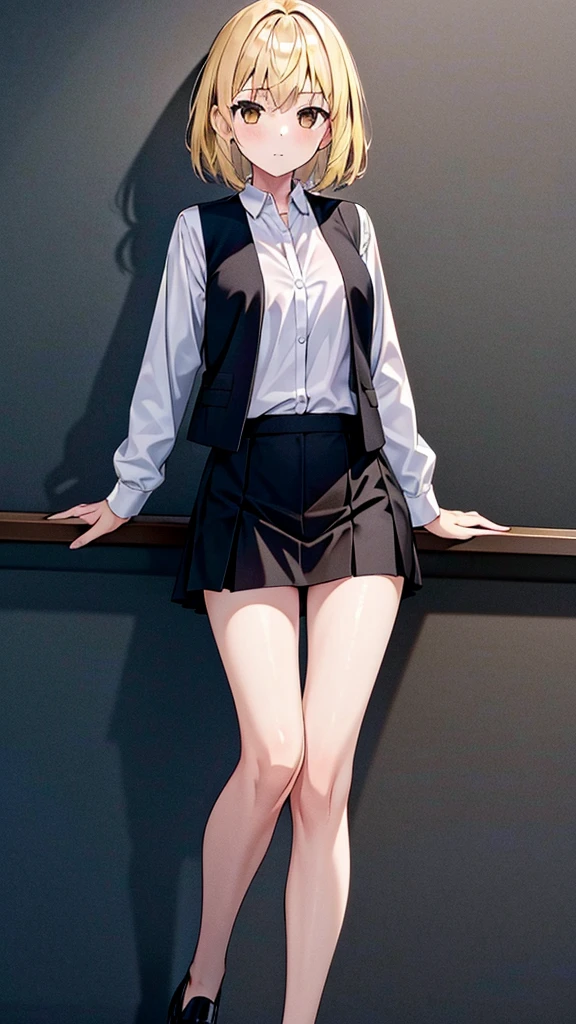 Masterpiece, 1girl, solo, female, blonde hair, white shirt, black skirt, black vests, short hair, brown eyes, perfect body, cowboy shot's, standing, perfect arms, perfect leg