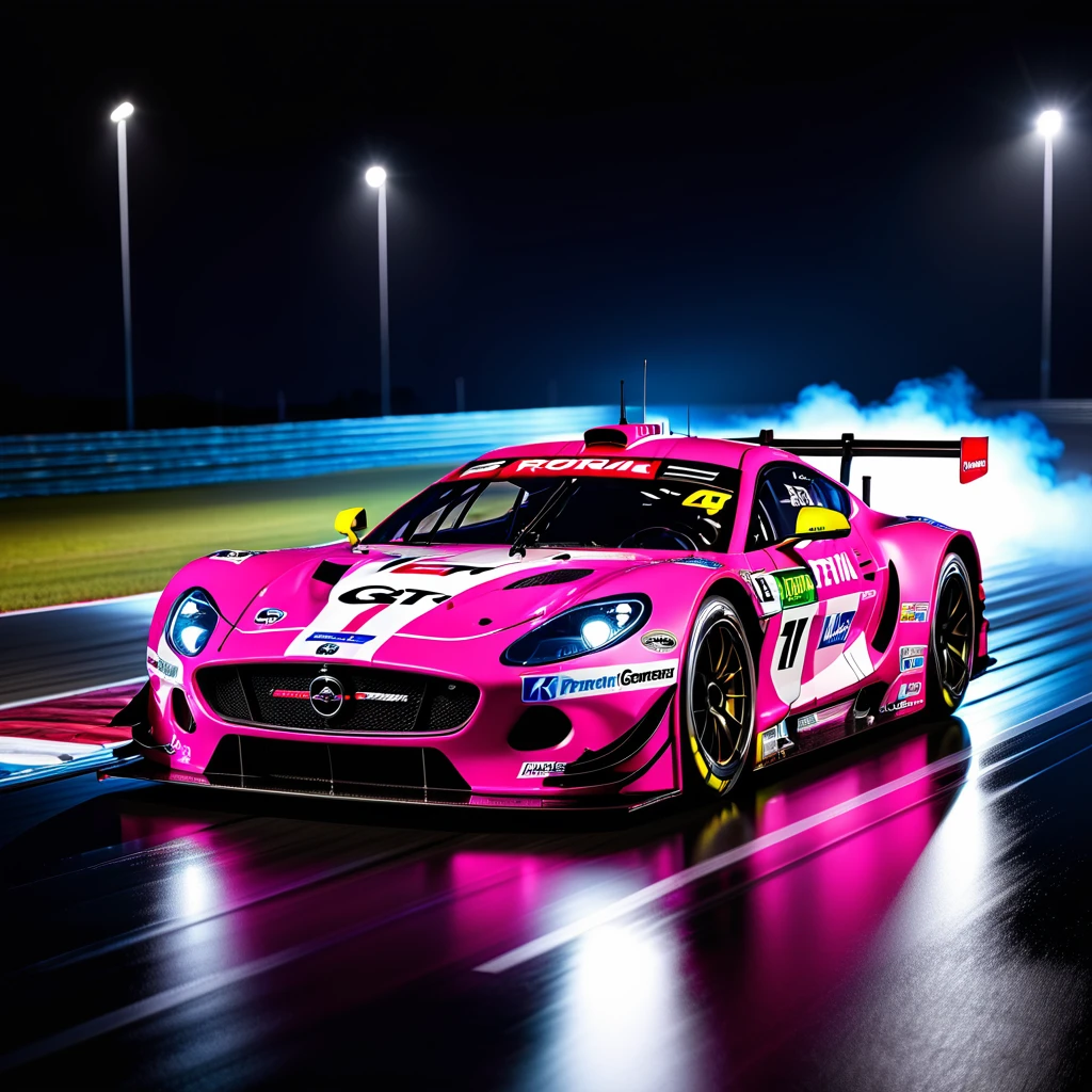 a high-resolution reality stick photography, a pink and white closed body GT racing car speeding on the Sarthe circuit at night, illuminating the darkness with a strong front light, numerous sponsor logos on the body, bib number on the hood and side door with a glowing white background, realistic details like oil stains and dirt on the car body, Sarthe circuit background with guardrail and side view, (best quality,4k,8k,highres,masterpiece:1.2),ultra-detailed,(realistic,photorealistic,photo-realistic:1.37),concept art,night scene,neon lights,glowing,vibrant colors,dynamic composition