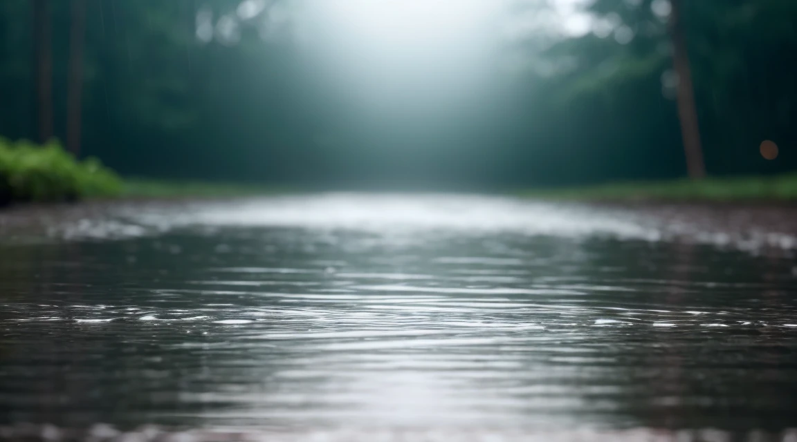 A lot of rain on the smooth surface of the water and it keeps falling, (Photographic, Best Quality, High Quality, Highres:1.4), Detail, Highly Detailed, Ambient Soft Lighting, 4K, Background, Depth of Field,