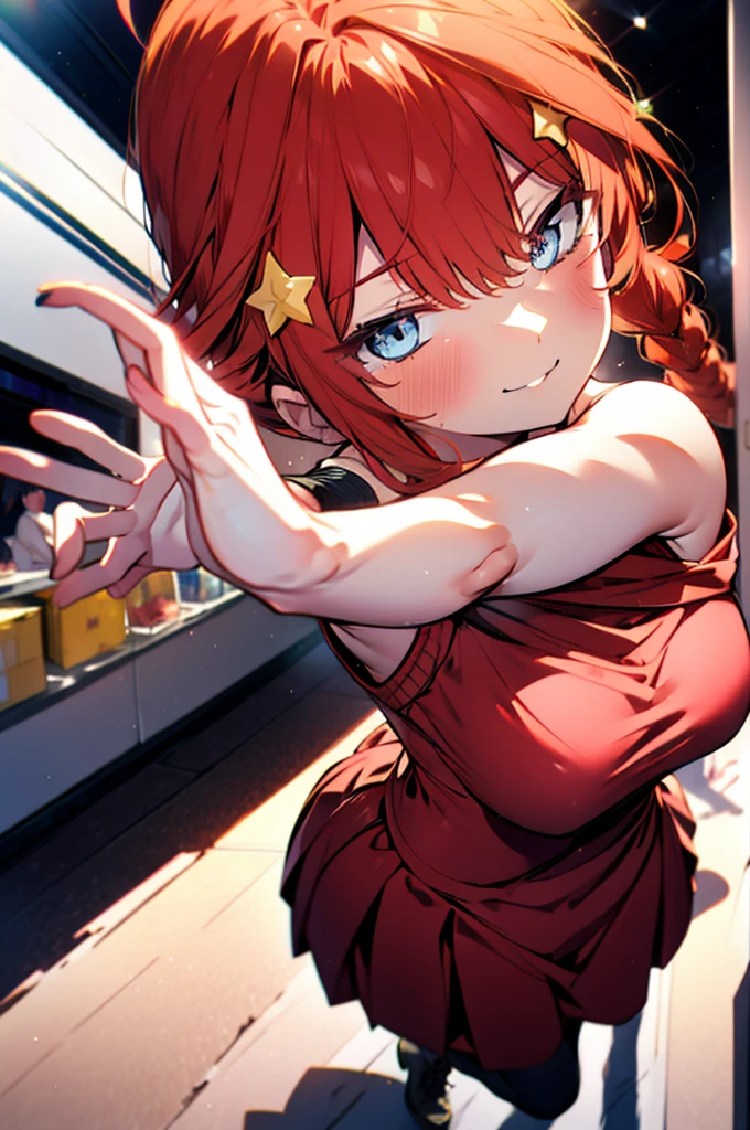 itsukinakano, Itsuki Nakano, bangs, blue eyes, Hair between the eyes, Ahoge, Redhead, star \(symbol\), hair ornaments, star hair ornaments,happy smile, smile, Open your mouth,blush,Akabuchi Glasses,Big Breasts,Long braids,One-shoulder sweater,Long skirt,Black pantyhose,short boots,Daytime,walking,whole bodyがイラストに入るように,crowd, people々々,
break indoors, Shopping mall,
break looking at viewer, whole body,
break (masterpiece:1.2), highest quality, High resolution, unity 8k wallpaper, (figure:0.8), (Beautiful fine details:1.6), Highly detailed face, Perfect lighting, Highly detailed CG, (Perfect hands, Perfect Anatomy),