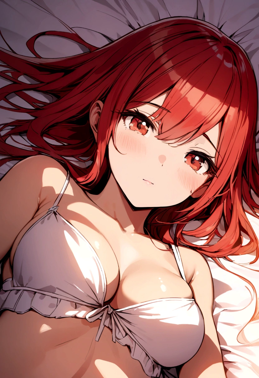 Japanese red haired curvy girl wearing only panty lying on bed