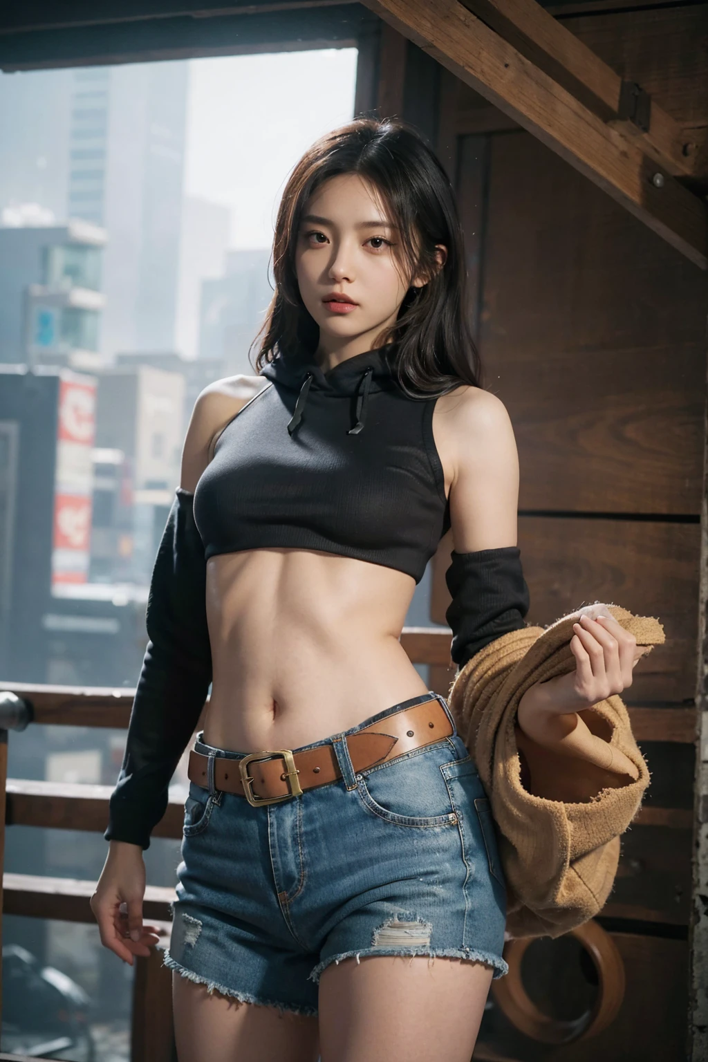 a girl, Thick belly button hoodie, long sleeve, (bare midriff, exposed navel), sexy abs, navel open，completely exposed abdomen, Low-rise hot pants，Exposing the entire abdomen，Mermaid Line, groin，metal belt, cowboy shot, summer street, 8k, best quality, masterpiece, photorealistic, ultra-detailed, vivid colors, professional lighting, cinematic, dynamic pose, dramatic lighting, intricate details，Looking at the camera