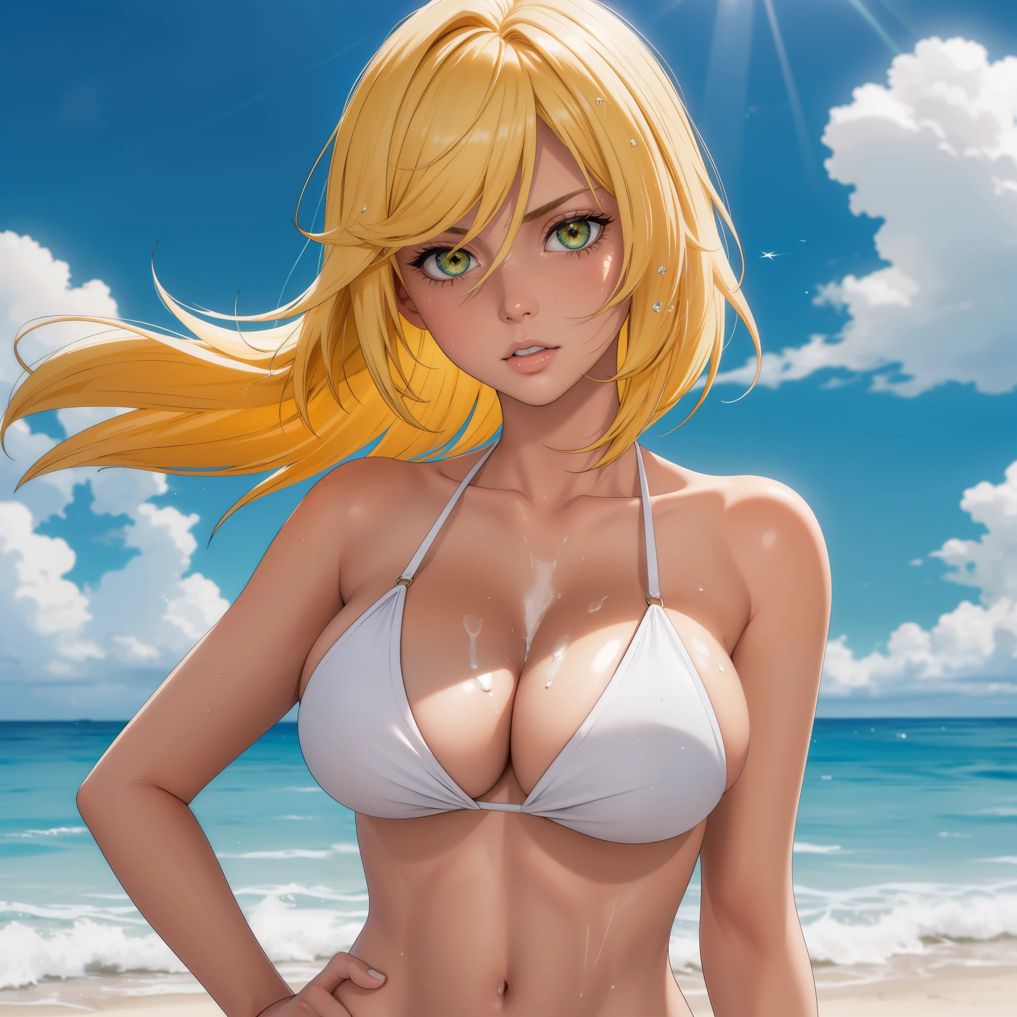 pelo rubio dorado, ojos verdes, piel oscura, mujer de piel oscura, pechos grandes, Cold look, bikini blanco detallado, fondo una playa. rubia, cabello rubio brillante, corto, gotas de agua en su pecho. cuerpo mojado,