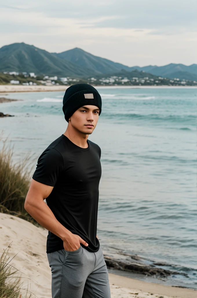 multi-color haired, two toned hair, young male, water in the background, surrounded by grass, beach background, black shirt, bangs covering head, medium length hair, grey pants, one male, lean build, wearing beanie