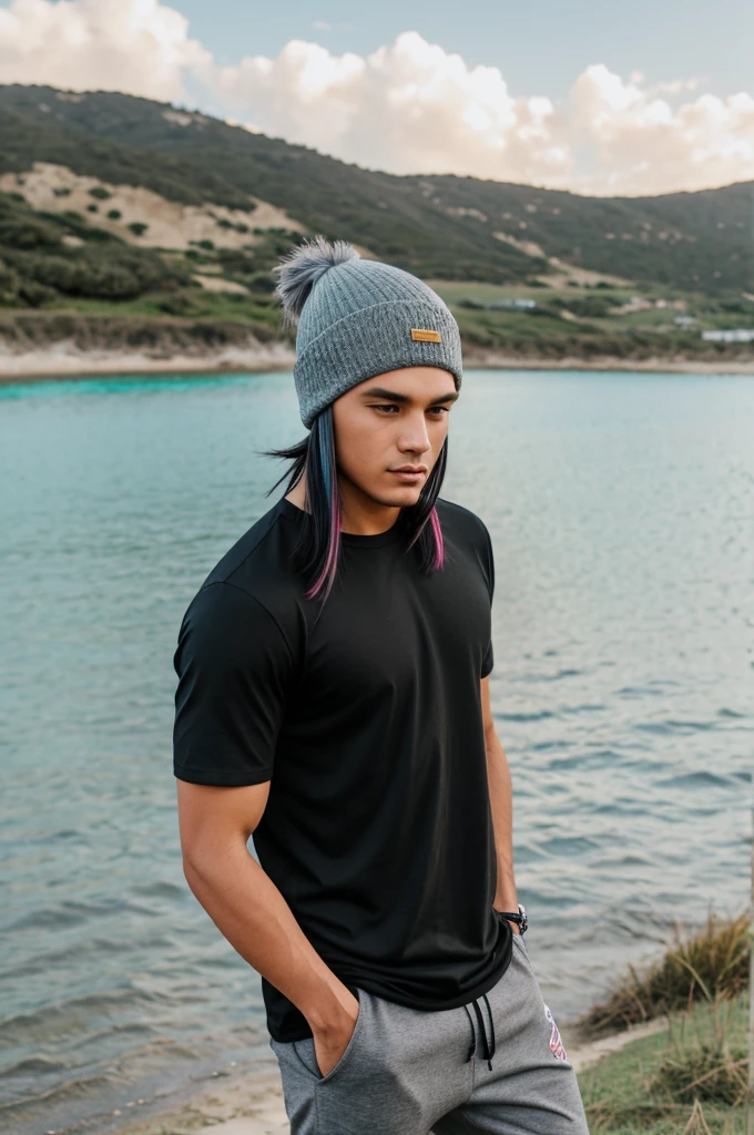 multi-color haired, two toned hair, young male, water in the background, surrounded by grass, beach background, black shirt, bangs covering head, medium length hair, grey pants, one male, lean build, wearing beanie
