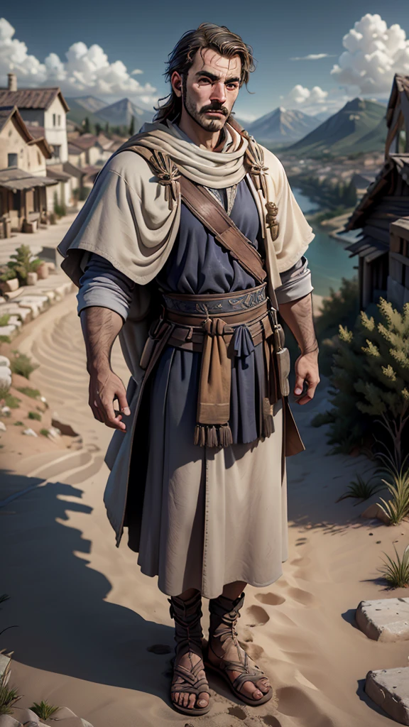 Saul of Tarsus, eloquent writer and passionate believer, traveling tirelessly, ancient Greece, traditional robes, journeying through varied landscapes, diverse terrains and villages in the background, wide shot, hyper-realistic, photo realism, cinematography