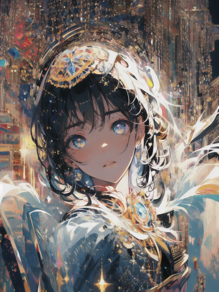 ((masterpiece, highest quality, Super detailed, High resolution)), alone, beautiful girl, shining eyes, perfect eyes, 15 years old, black white gold theme,