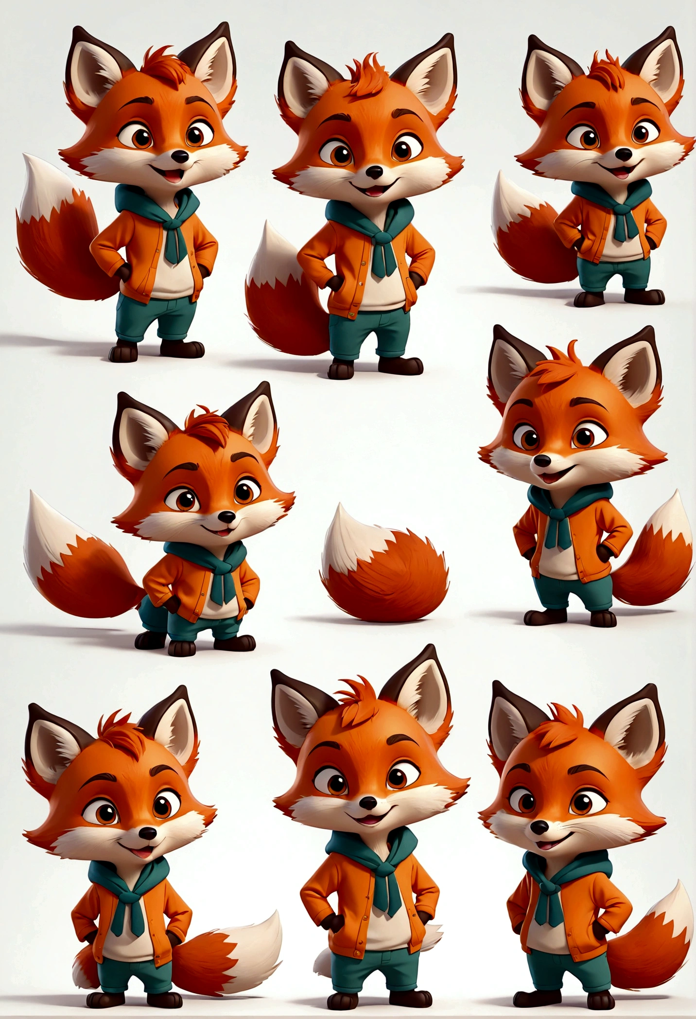 cute boy little fox character, multiple poses and expressions, 4 poses, full body, children's book illustration style, simple, cute, artist, full color, 3d model, flat color, white background, look straight, clothes many different styles